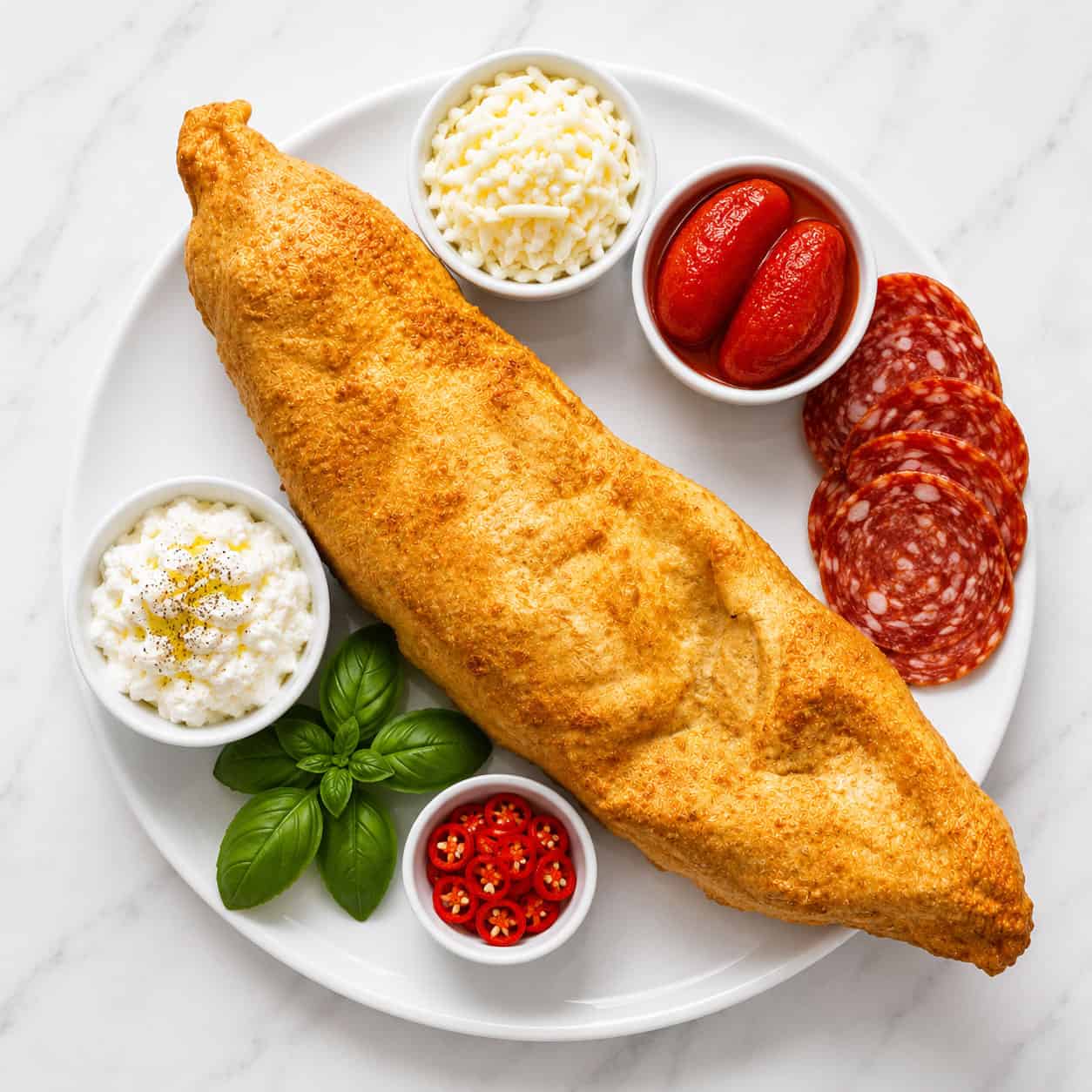 Pizza Fritta Allegra - Solania San Marzano, Fior di Latte, Hot Salami, La Stella Buffalo Ricotta, Basil, Chilli